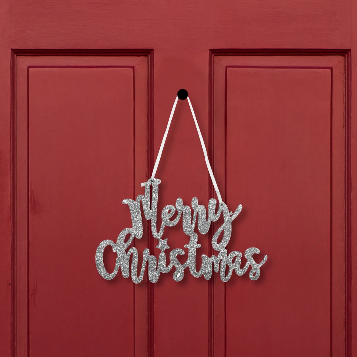 Decoratiune Craciun Merry Christmas argintiu 20 x 12 cm, banner decorativ