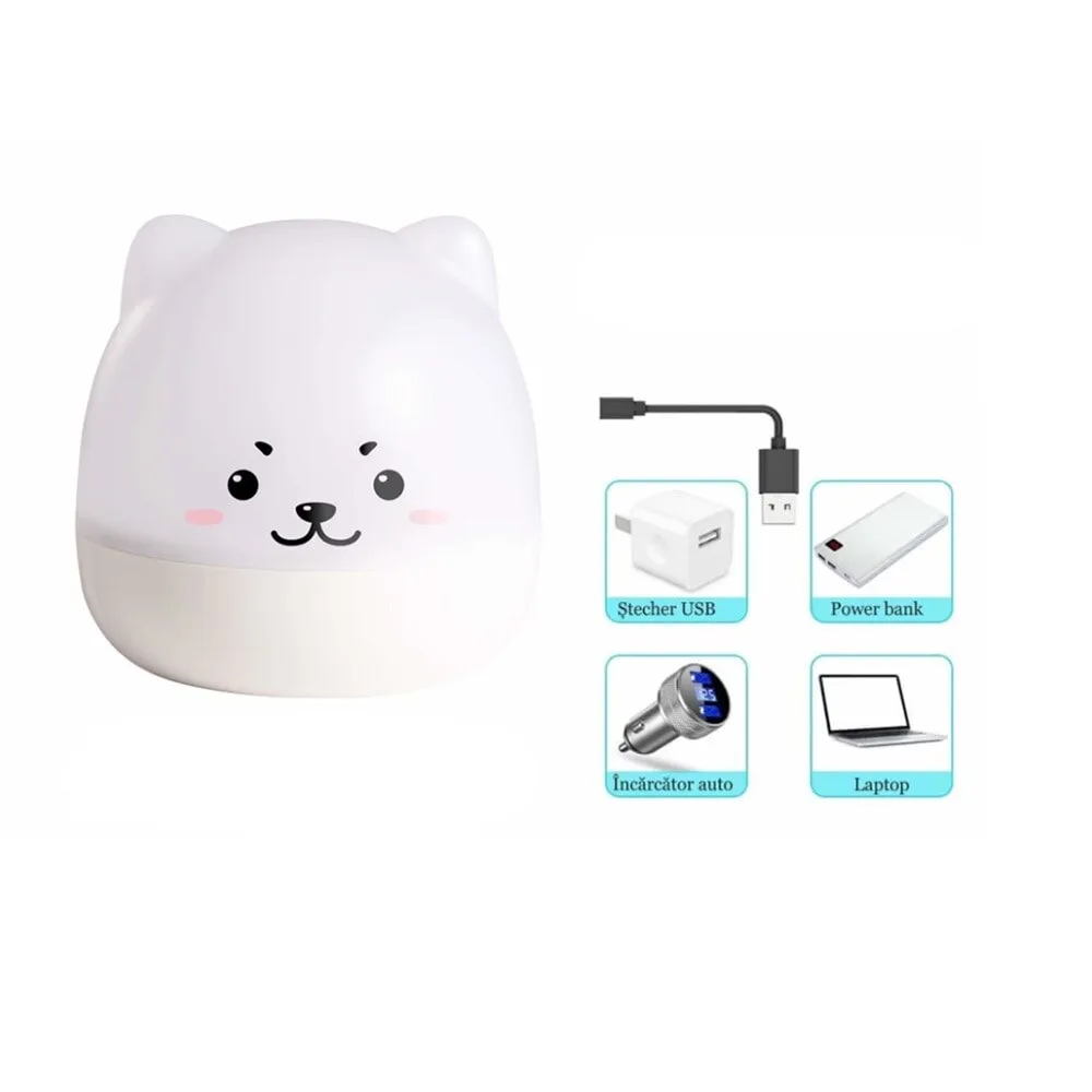 Lampa de veghe muzicala cu proiector Macvi®, design ursulet, Bluetooth, LED multicolor, rotativa, 6 moduri iluminare, acumulator USB 1200 mAh - imagine 3