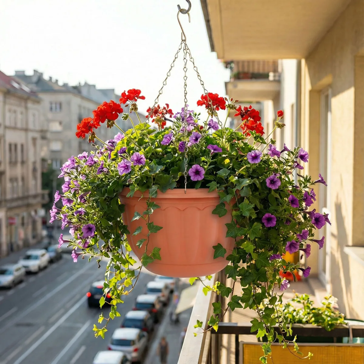 Ghiveci suspendat din plastic cu lant, culoare teracota, Ø30 x 18 cm, pentru flori balcon si gradina - imagine 4