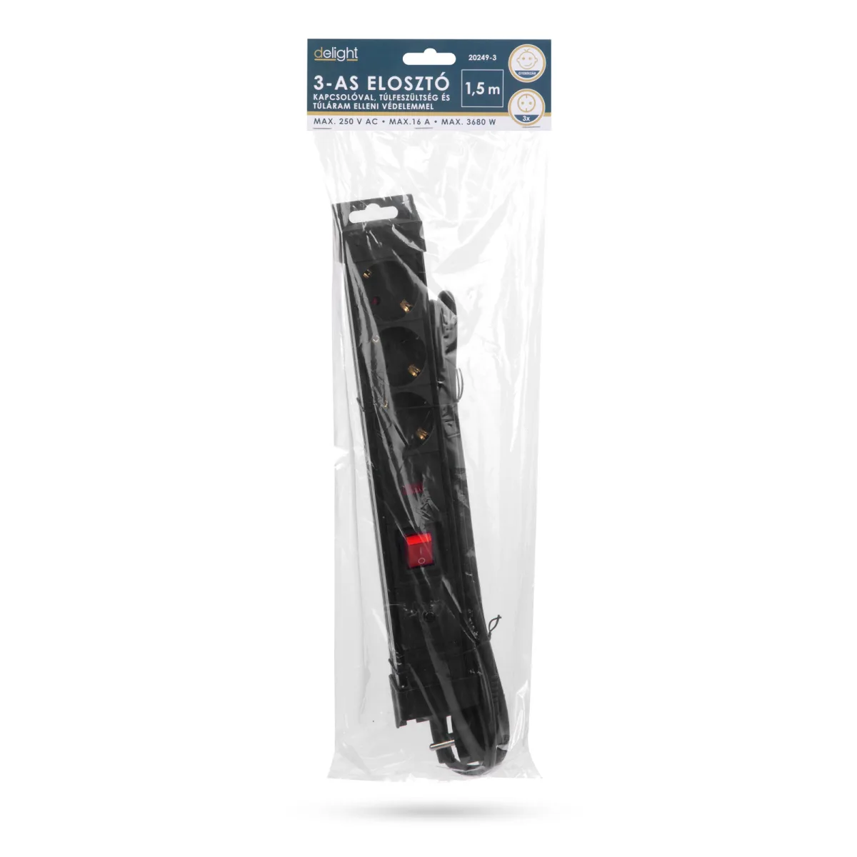 Prelungitor 6 prize Schuko, 1.5m, protectie supratensiune, intrerupator, 16A, negru - imagine 2