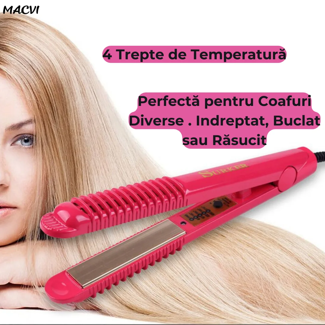 Placa pentru Indreptat Parul Macvi® cu Placi Ceramice, 4 Trepte de Temperatura, Roz, Alimentare la Retea - imagine 3