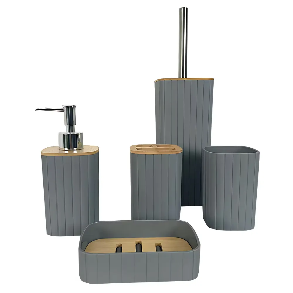 Set 5 Accesorii de Baie Teno, design minimalist, detalii din bambus, gri