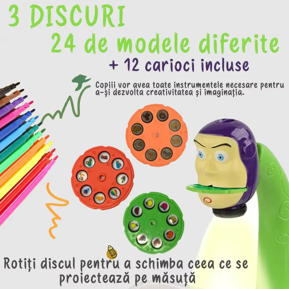 Jucarie educationala Macvi® tip tabla cu proiector, hologram, 3 discuri, 24 sabloane, 12 carioci, masa de desen Toy Story, verde - imagine 2