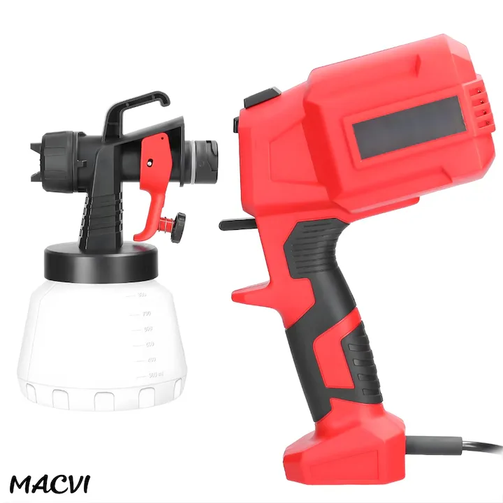 Pistol vopsit electric Macvi® 500W rezervor 800ml, rosu, viteza reglabila 32000rpm, 3 moduri de pulverizare, pulverizare fina, duze interschimbabile pentru interior tavan gard lac lemn metal - imagine 4