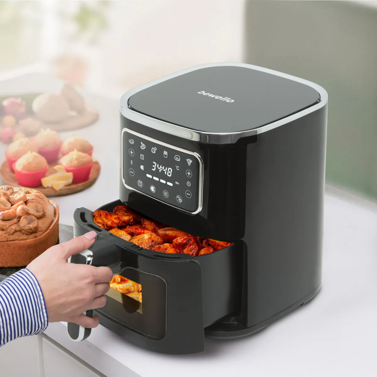 Air fryer 5L, 1450W, ecran touch, fara ulei, temperatura reglabila, timer, negru, gatire sanatoasa