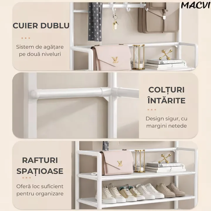Cuier multifunctional Macvi® pentru haine si incaltaminte, 171x80x26.5 cm, material durabil, design ergonomic si modern, negru - imagine 5