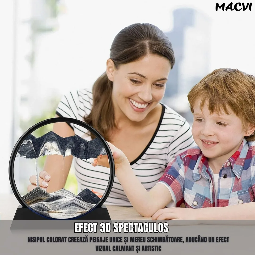Obiect decorativ Macvi® cu efect 3D din nisip, masa rotativa 360°, baza din plastic, sticla si nisip, 18x19 cm, Negru - imagine 2