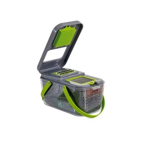 Razatoare multifunctionala Macvi® profesionala 22 piese cu lame inox si recipient colector tocator feliator pentru legume fructe si branzeturi gri verde