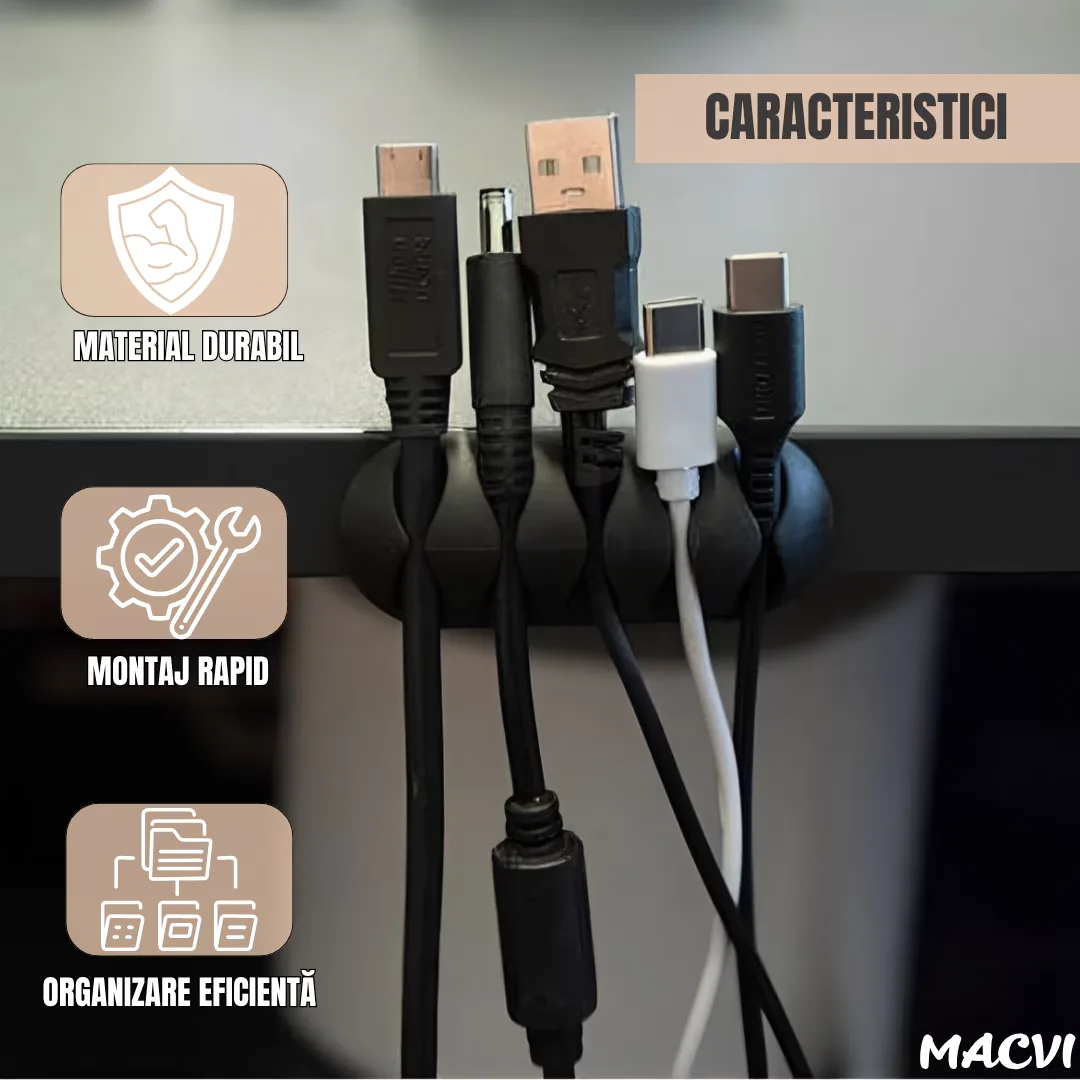 Set Macvi® suport organizare cabluri, 10 bucati, 5 dimensiuni diferite, autoadeziv, negru - imagine 3