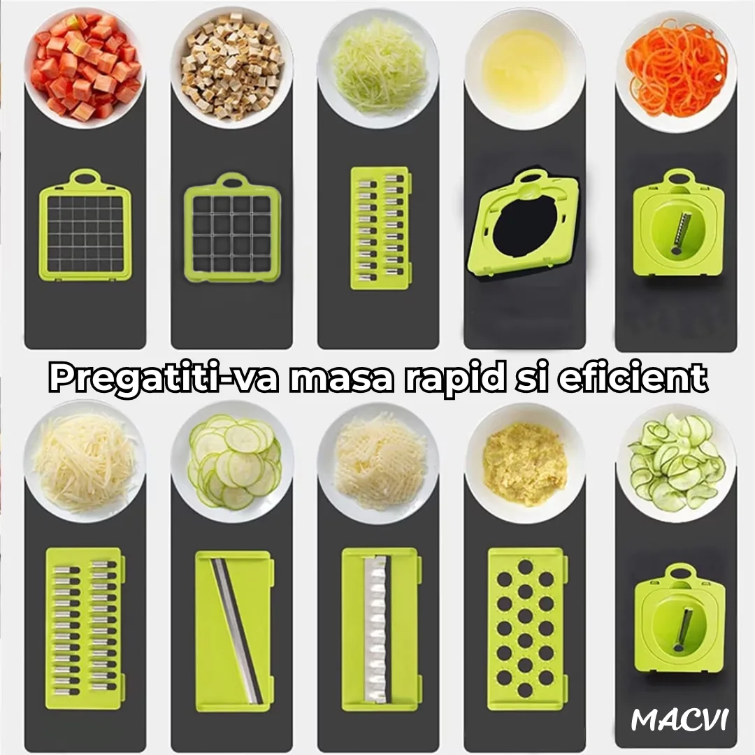 Razatoare Multifunctionala 15 in 1 Macvi®, 20 Piese, 13 Tipuri de Feliere, Ideala pentru Fructe, Legume si Branzeturi, Otel Inoxidabil, Verde/Gri - imagine 4
