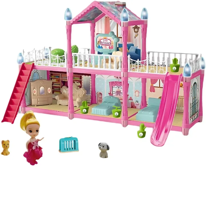 Casuta de papusi Macvi® 179 piese, 2 etaje, 6 camere, terase si scari, mobilier si accesorii incluse, cu catel si papusa, roz, model 556-73, jucarie pentru copii 3+ ani - imagine 4