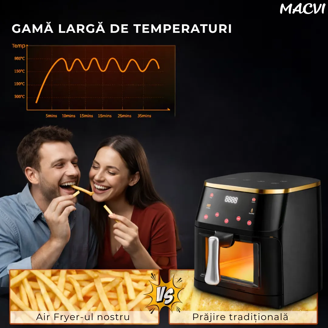 Friteuza aer Macvi® cu aer cald 12L 2400W, fereastra transparenta, panou digital touch, 8 programe presetate, control temperatura 80-200°C, timer 0-60 min, gatire fara ulei, functie 3D, aer circulant - imagine 5