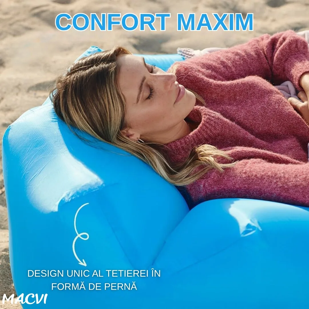 Saltea gonflabila tip sezlong Lazybag Macvi®, material rezistent, umflare fara pompa, pentru plaja/picnic/camping, rucsac de depozitare, 190 x 70 cm, Albastra - imagine 2
