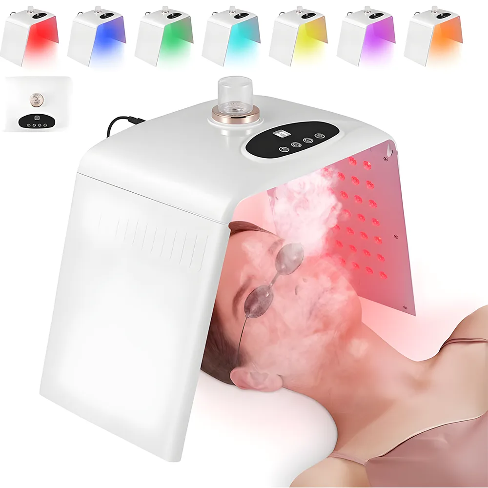Dispozitiv de Infrumusetare cu Spray Teno®, 7 in 1, ingrijire faciala, tratament cu LED-uri cu 7 culori, intretinerea pielii, hidratare nano, pliabil, usor de utilizat, 205 LED-uri, alb