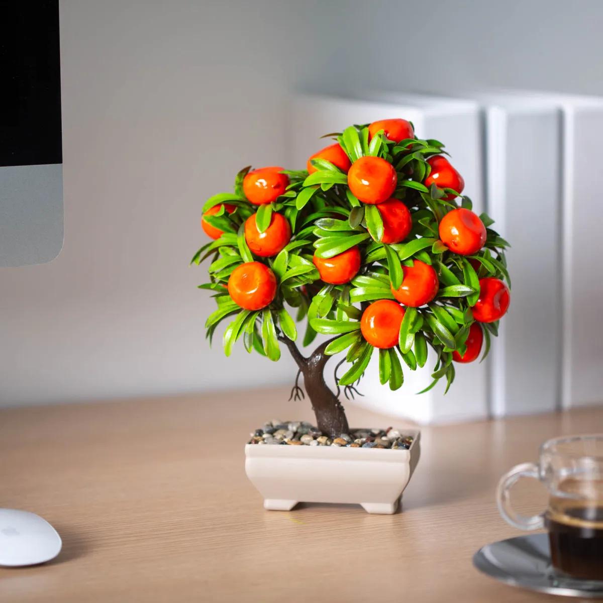 Planta artificiala decorativa cu mandarina 24 cm, aranjament decor casa birou, design realist verde portocaliu
