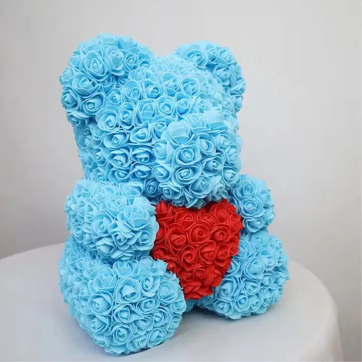 Ursulet Cu Inima Trandafiri Spuma Macvi®, 24 cm, Cutie Cadou Inclusa, Albastru, Decor Romantic, Cadou Valentine Aniversare - imagine 3