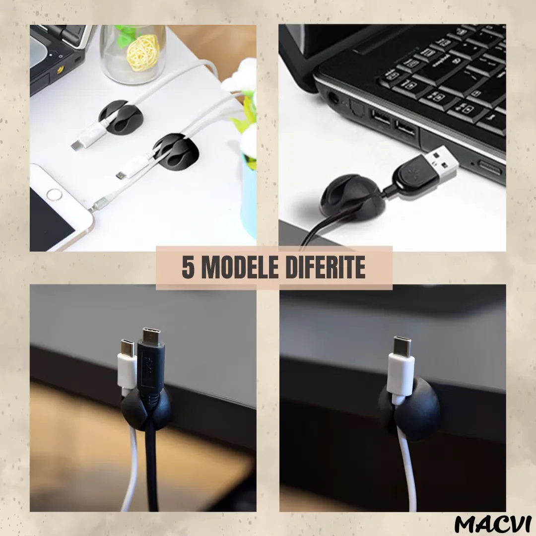Set Macvi® suport organizare cabluri, 10 bucati, 5 dimensiuni diferite, autoadeziv, negru - imagine 5