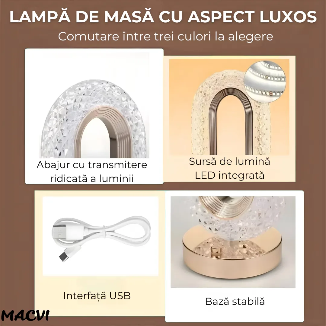 Lampa de masa Macvi® tip cristal eleganta, 3 culori, control touch, reincarcabila prin USB, acrilic modern - imagine 4
