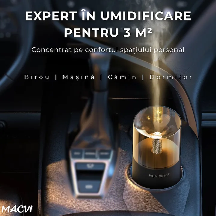 Umidificator Aromaterapie Macvi® cu Efect Flacara Tip Lumanare 250 ml Portabil USB cu Oprire Automata Pulverizare Arome LED Ambiental pentru Dormitor Bucatarie Masina - imagine 4