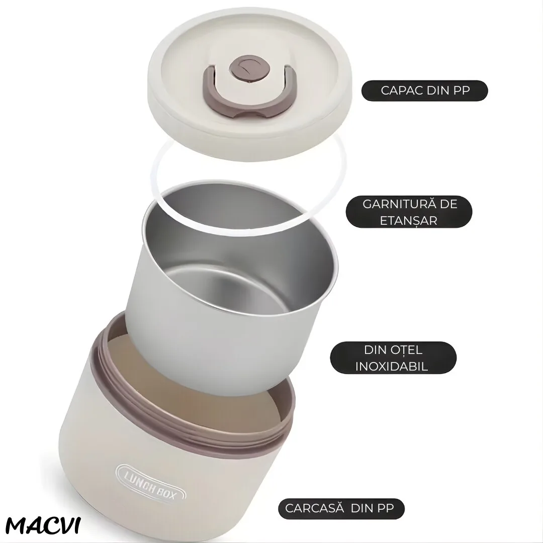 Set Caserole Termice Macvi® din Otel Inoxidabil cu Geanta termoizolanta, 4 Bucati, 2x 450ml si 2x 600 ml, 2xTacamuri Incluse, Capac Etans cu Clips si Inel Silicon pentru Scoala Birou Picnic Bej - imagine 5