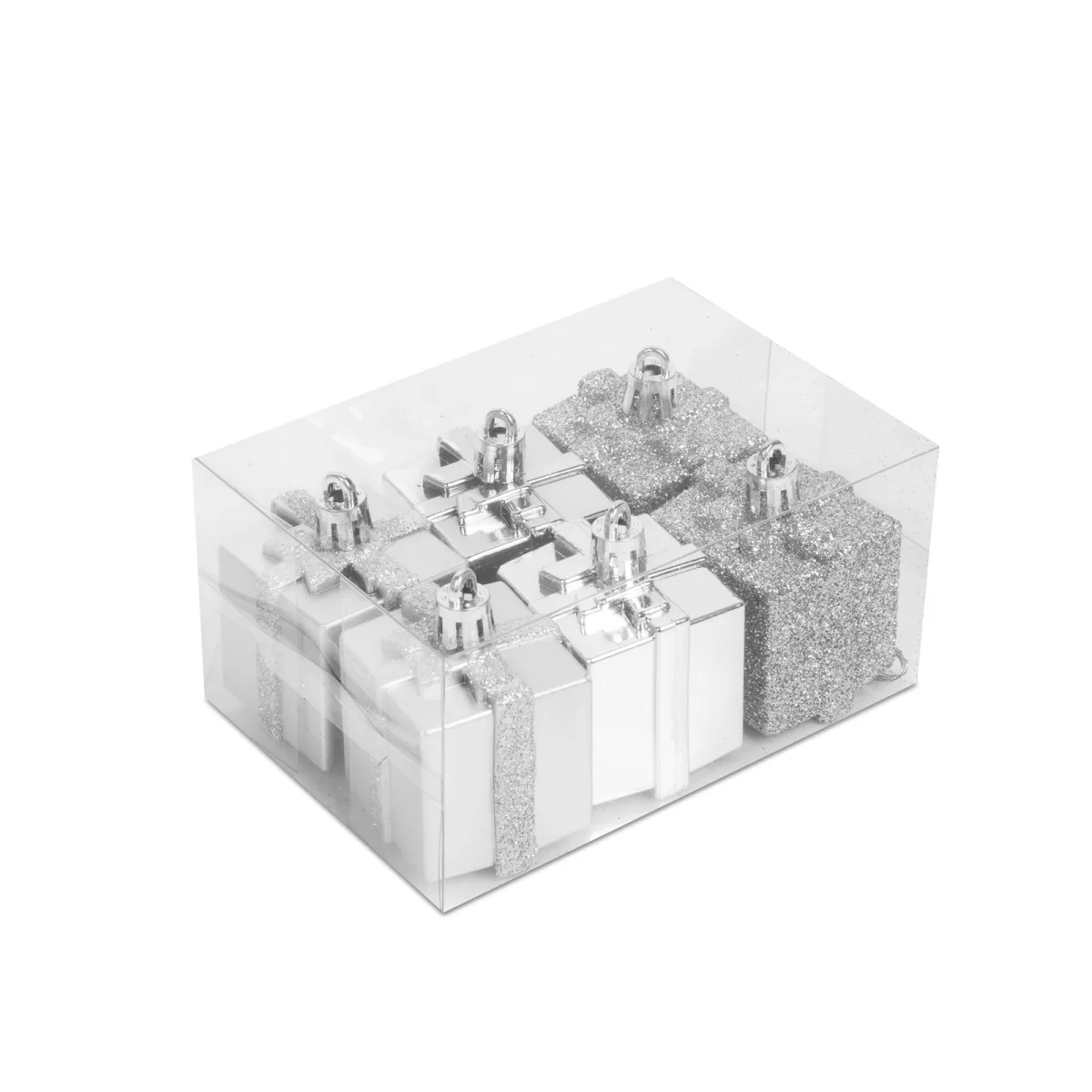 Set decor Craciun, cutii cadou argintii, 6 buc, 4,5 cm - imagine 3