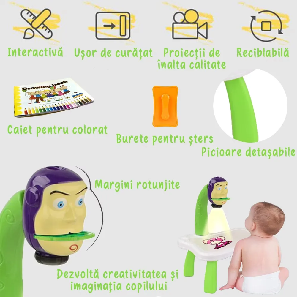 Jucarie educationala Macvi® tip tabla cu proiector, hologram, 3 discuri, 24 sabloane, 12 carioci, masa de desen Toy Story, verde - imagine 4