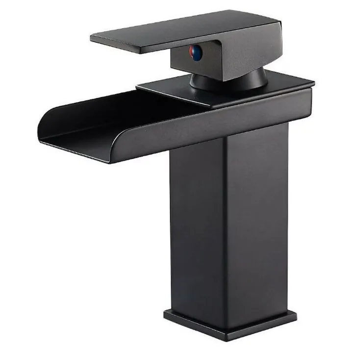 Baterie lavoar baie Macvi® tip cascada cromata din bronz inaltime 160 mm pipa 135 mm monocomanda, negru mat