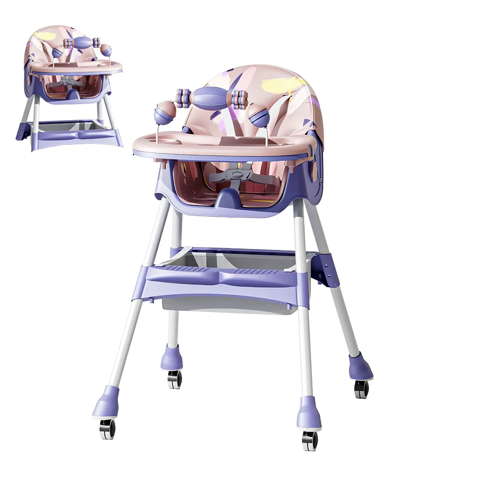 Scaun de Masa 3in1 pentru Bebelusi si Copii Teno®, centura de siguranta in 5 puncte, tavita reglabila si detasabila, loc depozitare jucarii, roz/mov