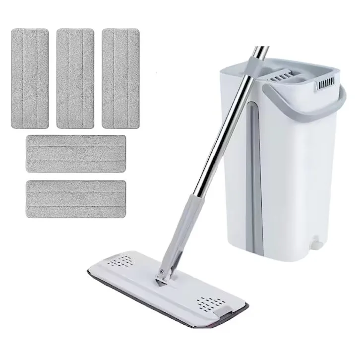 Set mop profesional Macvi® cu galeata si 5 lavete din microfibra, functie de autostoarcere din plastic si metal pentru podele, Alb