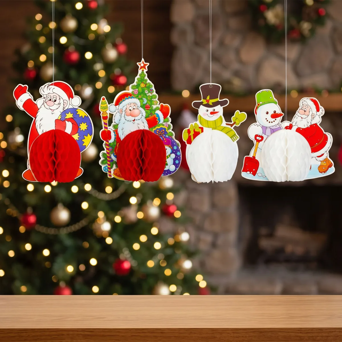 Set 4 decoratiuni de Craciun din hartie tip fagure, Mos Craciun si om de zapada, 11 x 13 cm