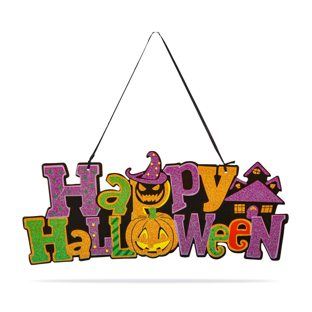 Decor Halloween, Happy Halloween, agățabil, MDF, 42,5 x 18 cm, portocaliu, mov, negru, sclipitor - imagine 2