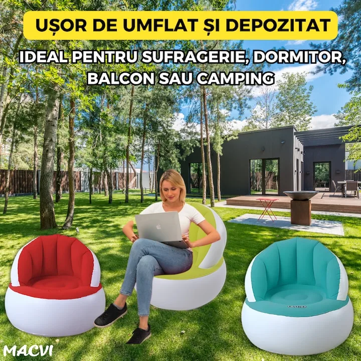 Scaun gonflabil confortabil cu pompa inclusa, design modern, dimensiuni 85x70 cm, ideal pentru interior si exterior, Turcoaz - imagine 4