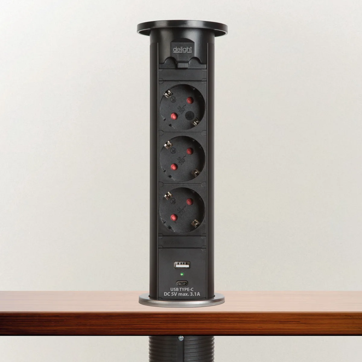 Priza retractabila electrica cu motor, 3 prize Schuko, 2x USB, 16A, negru, blat