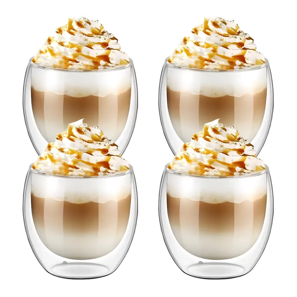 Set 4 Pahare din Sticla cu Perete Dublu Teno®, termorezistente, design modern, capacitate 250 ml, 9 x 8 cm