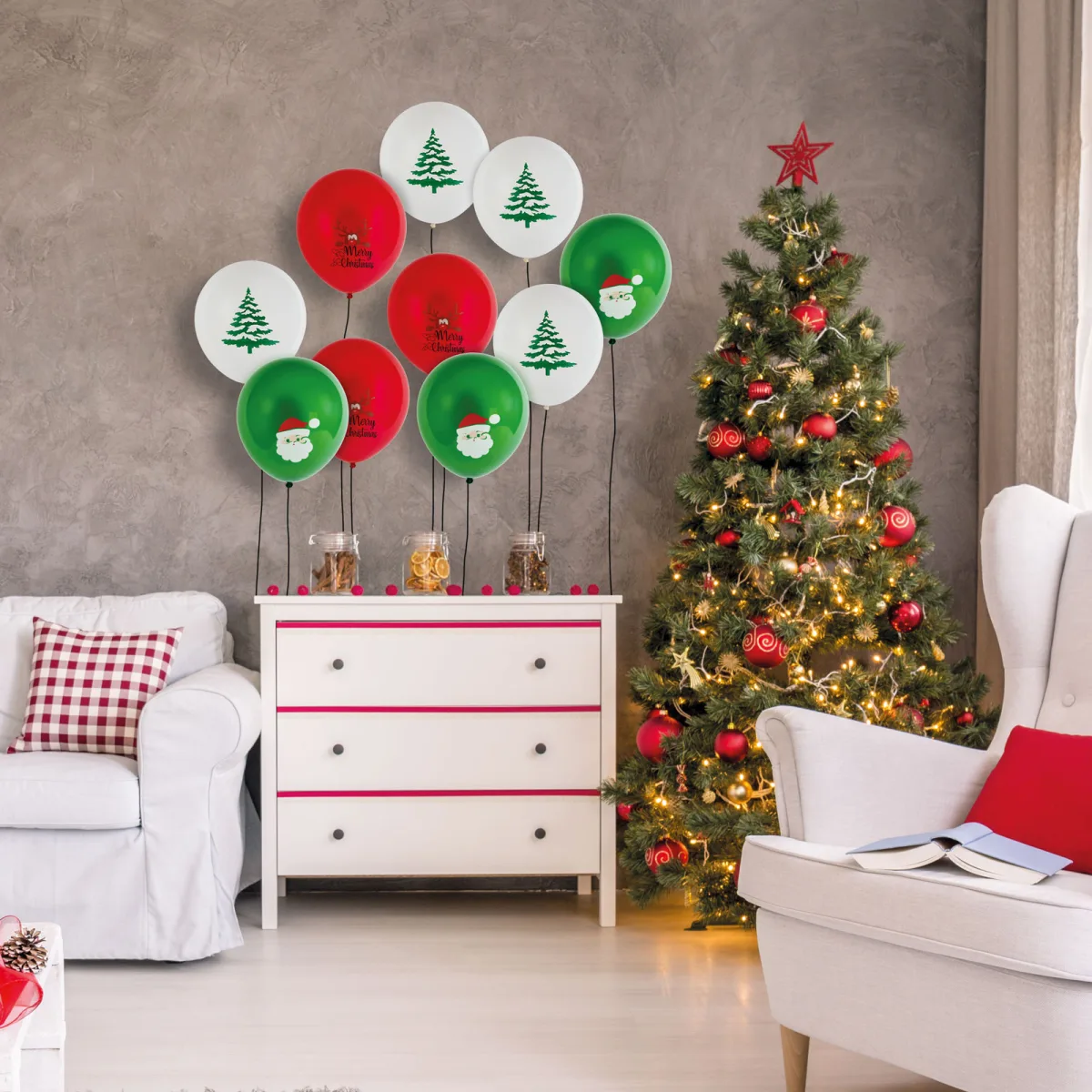 Set baloane Craciun, rosu/alb/verde, 10 buc, 30 cm