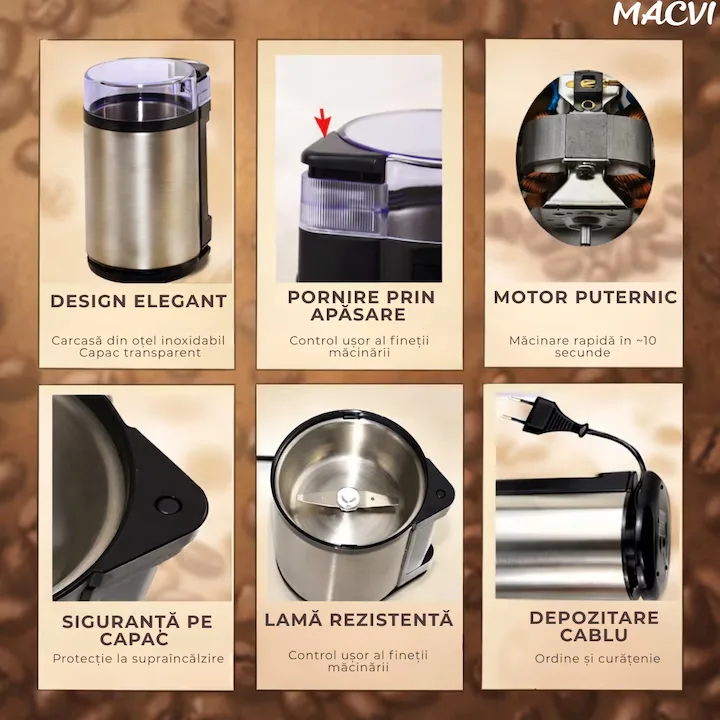 Rasnita Electrica de Cafea Macvi®, 180W, Cutite din Otel Inoxidabil, Capacitate 75 g, Macinare Rapida si Uniforma - imagine 3