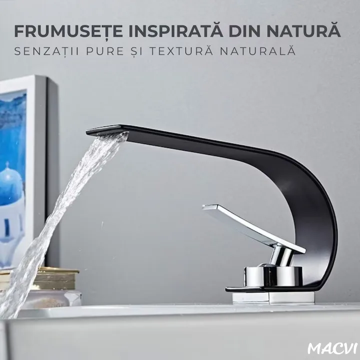 Robinet baie Macvi® tip cascada din alama inaltime 13 cm conexiune 3/8 montaj chiuveta design modern, negru mat - imagine 4