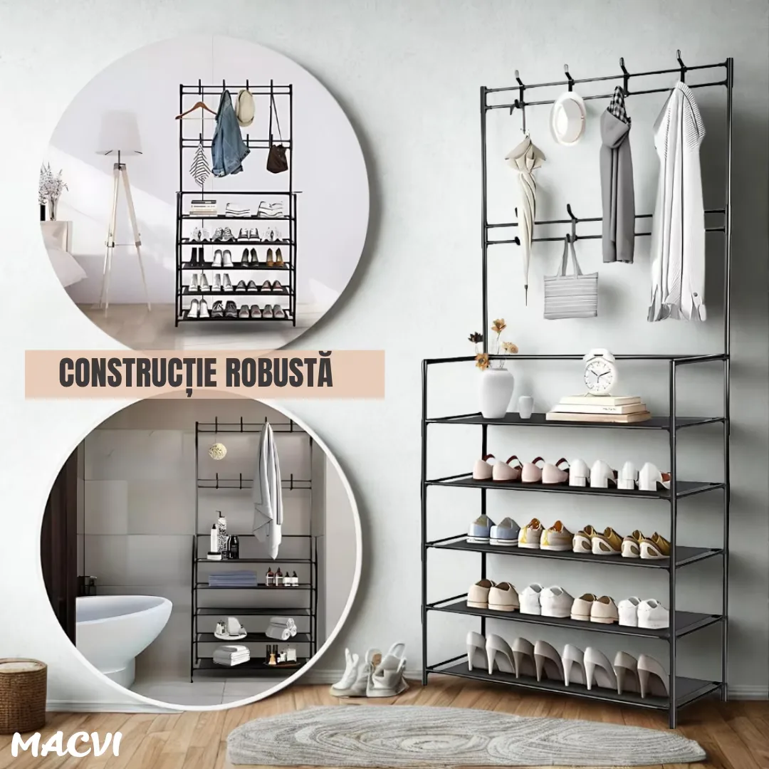 Cuier multifunctional Macvi® pentru haine si incaltaminte, 171x80x26.5 cm, material durabil, design ergonomic si modern, negru - imagine 2