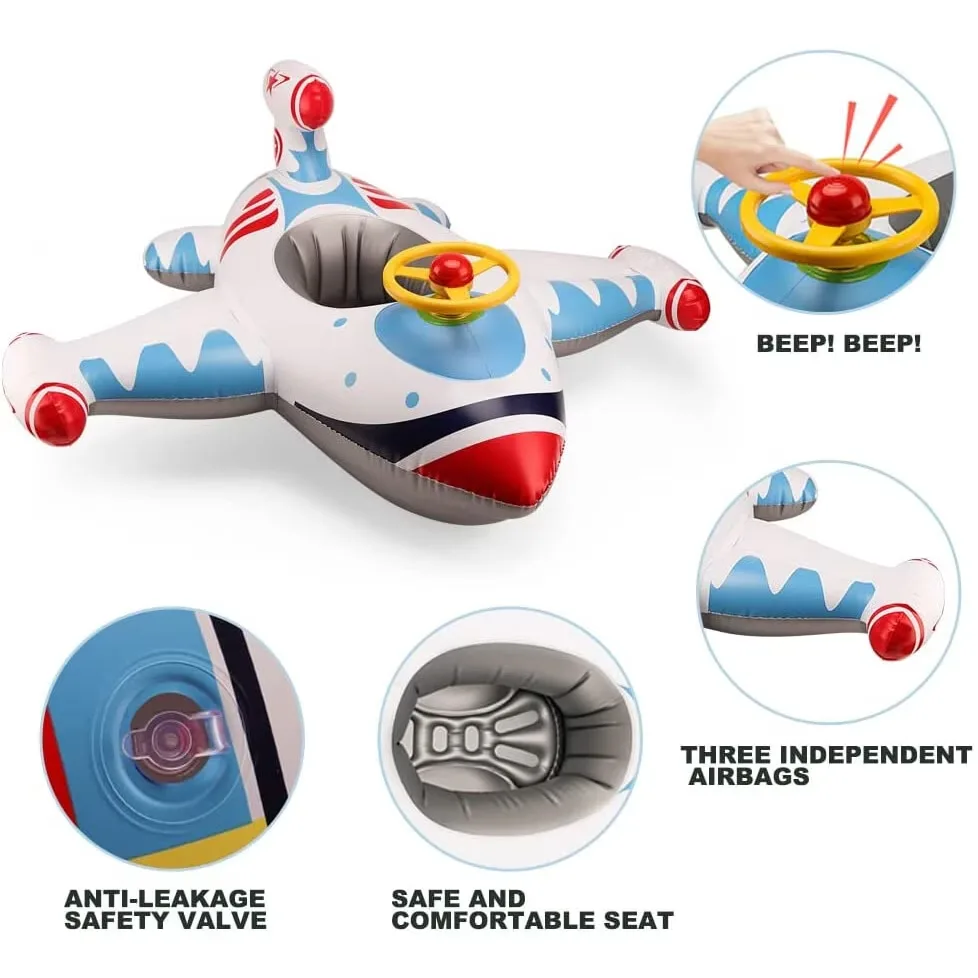 Colac de inot gonflabil pentru copii Macvi®, model avion cu volan si claxon, multicolor, 1-4 ani, material durabil - imagine 2