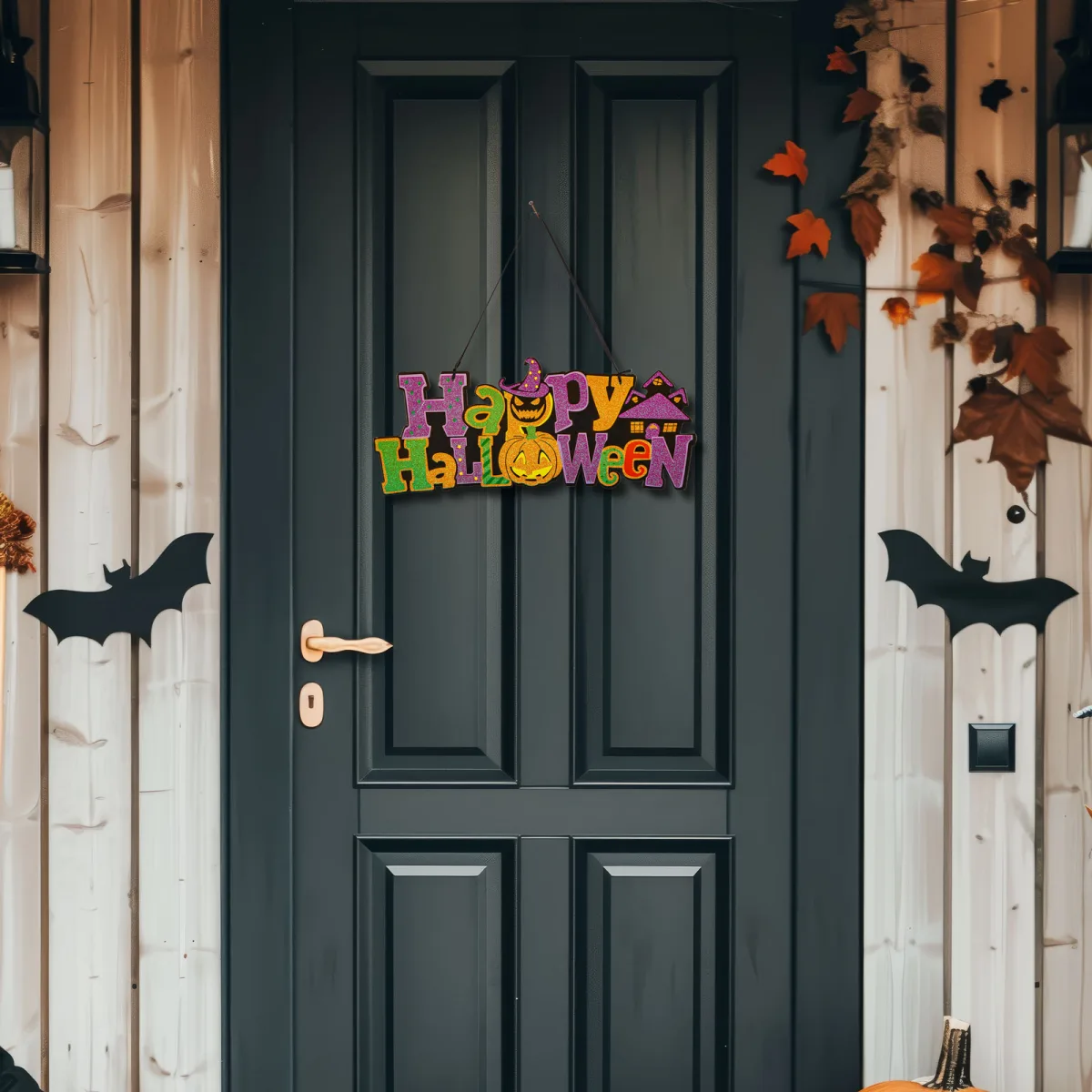 Decor Halloween, Happy Halloween, agățabil, MDF, 42,5 x 18 cm, portocaliu, mov, negru, sclipitor