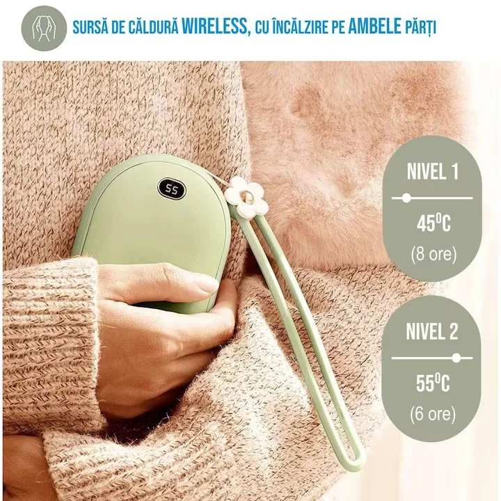 Incalzitor de maini Macvi® 2 in 1, Powerbank 10000mAh, USB, 2 trepte incalzire 45°/55°, compact si portabil, verde - imagine 2