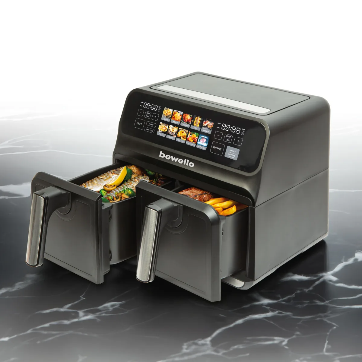 Air fryer XXL 8L cu 2 cosuri 4+4L, 2200W, ecran touch, fara ulei, negru, pentru gatit sanatos