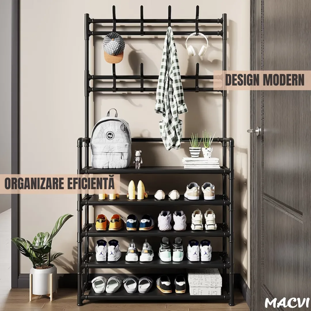 Cuier multifunctional Macvi® pentru haine si incaltaminte, 171x80x26.5 cm, material durabil, design ergonomic si modern, negru - imagine 3