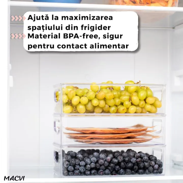 Set 12 organizatoare Macvi® pentru frigider, ABS durabil, fara BPA, stocabile, cu manere integrate, 26×15 cm, transparente - imagine 5
