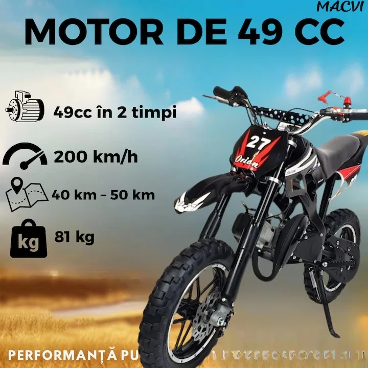 Motocicleta cross Macvi® pentru copii 49cc cu roti groase pornire usoara si motor pe benzina ideala pentru off road, Negru - imagine 2