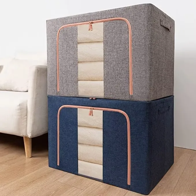 Organizator depozitare Macvi® 100 litri, cutie textila pliabila cu capac si fermoar, panou transparent pentru vizualizare si cadru metalic robust, ideala pentru haine voluminoase si depozitare - imagine 5