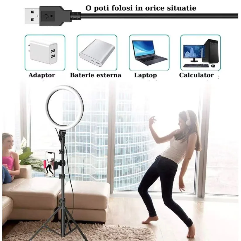 Lampa Circulara Profesionala LED Macvi®, Diametru 35 cm (14 inch), Conectare USB, 3 Moduri de Lumina - imagine 4
