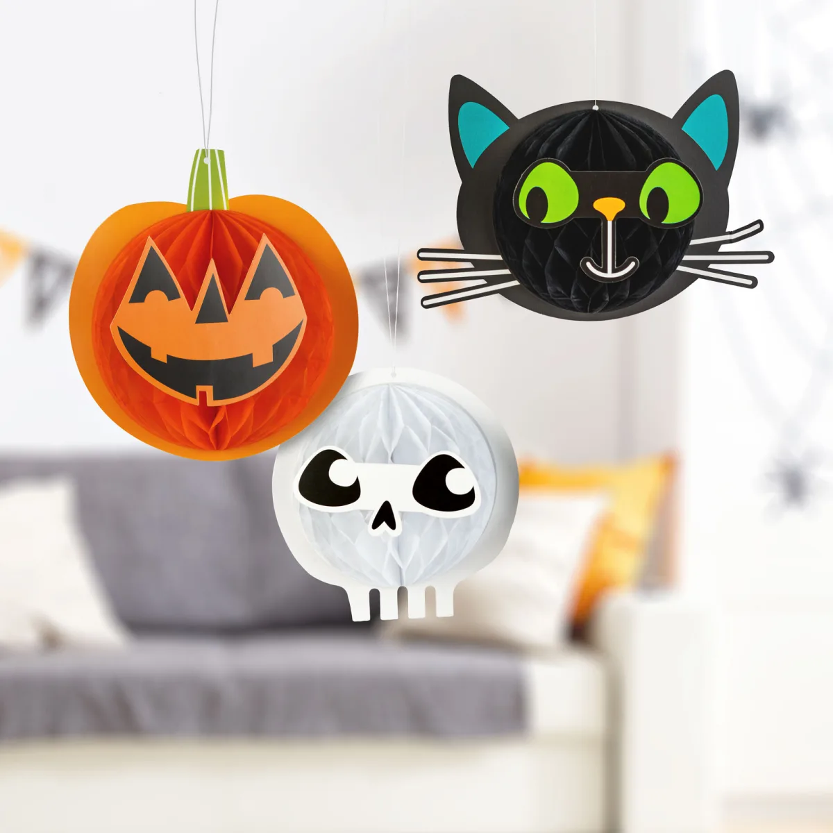 Decor Halloween, set lampioane, dovleac, pisica, craniu, hartie,  20 cm, 3 buc/set