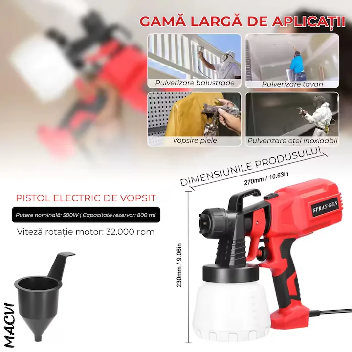 Pistol vopsit electric Macvi® 500W rezervor 800ml, rosu, viteza reglabila 32000rpm, 3 moduri de pulverizare, pulverizare fina, duze interschimbabile pentru interior tavan gard lac lemn metal - imagine 3