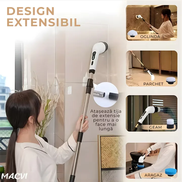 Perie electrica rotativa Macvi® 9 in 1 cu 9 capete interschimbabile, 2 viteze reglabile, wireless, IPX7, maner extensibil, autonomie mare, LED - imagine 5